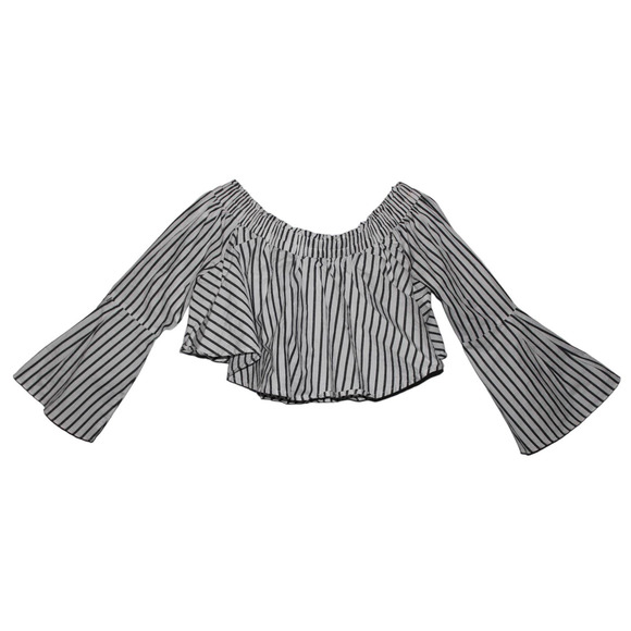 Womens Bebe Flounce Ruffle Off The Shoulder White Gray Striped Crop Top Sz Small - Picture 1 of 2